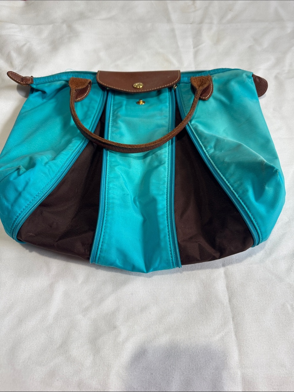Longchamp expandable Turquoise and Brown bag